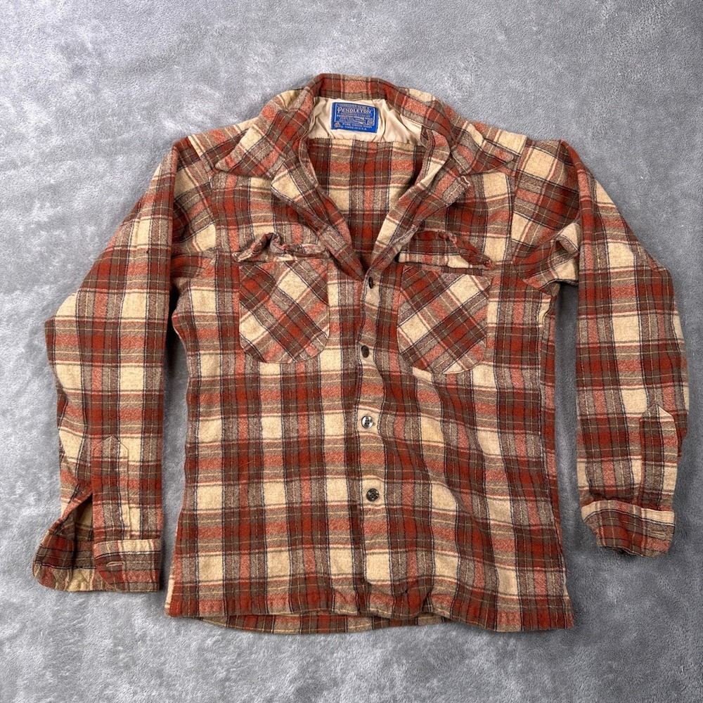 Pendleton Board Shirt Mens M Orange Tan Plaid Virgin Wool Flannel Button 18x20